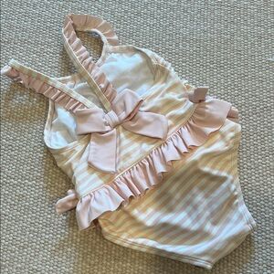 Janie and Jack Ruffled Striped Swimsuit - Pink and Cream